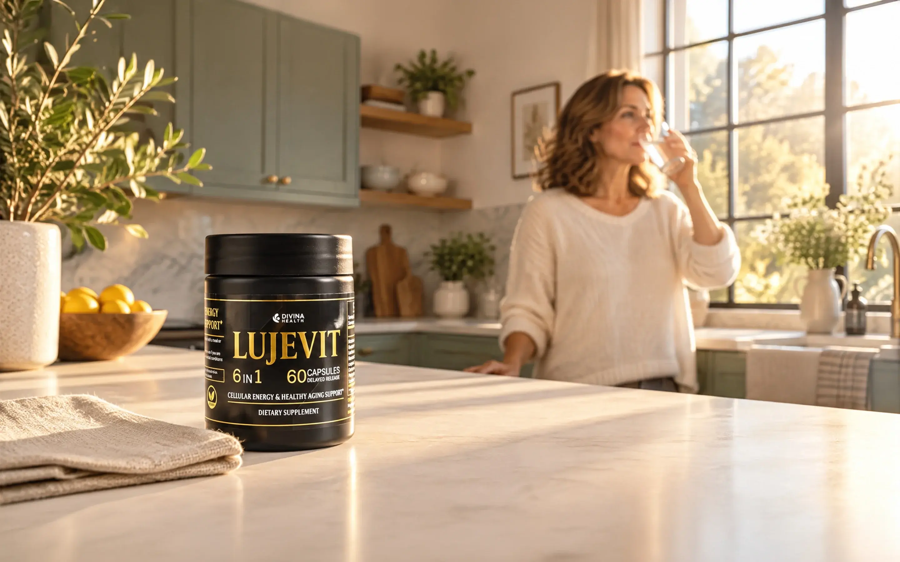One morning protocol with Lujevit A jar of Lujevit on a kitchen counter while a woman drinks a glass of water in the morning