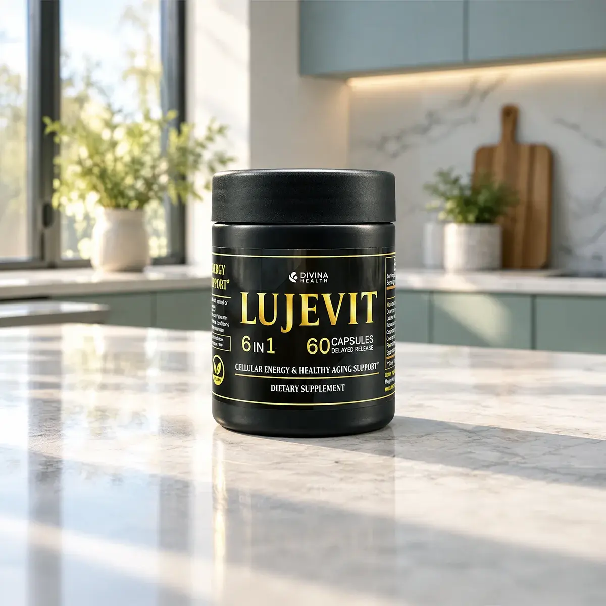 Lujevit daily protocol Lujevit 6-in-1 bottle on a sunlit kitchen counter