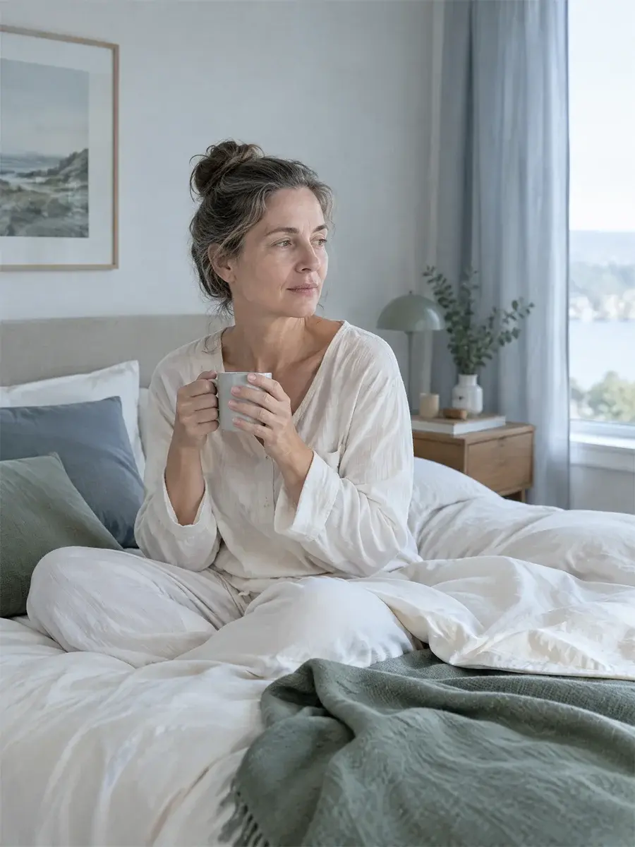 Woman with a cup of coffee by her bedroom window Woman with a cup of coffee by her bedroom window
